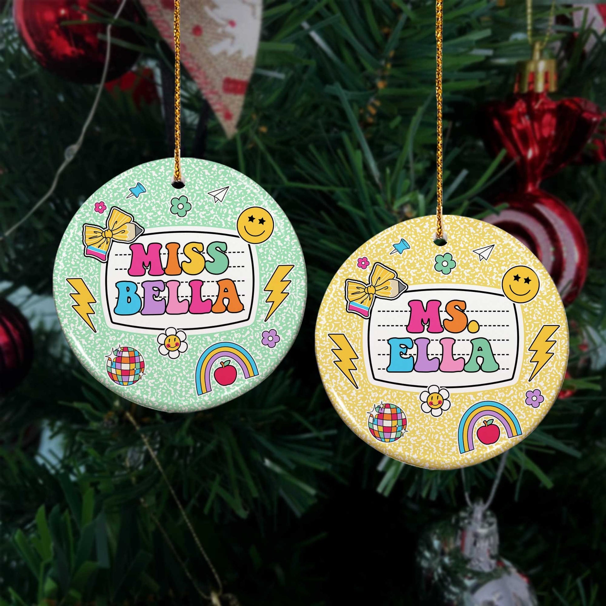 These festive round ornaments showcase teacher names with a joyful and colorful design, accented by playful elements like lightning bolts, bows, and globes. A perfect personalized gift for teachers to decorate their holiday tree.