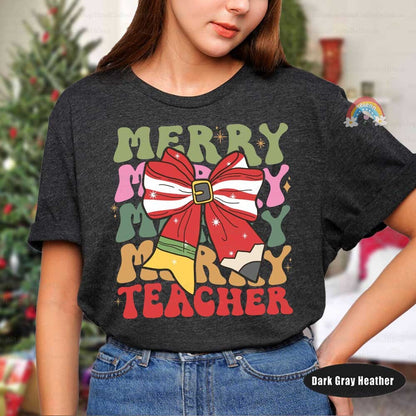 Teacher Christmas Shirt Merry Teacher, Teacher Christmas Sweatshirt, Christmas Pencil Bow Coquette, Teacher Life, Christmas Teacher Gifts