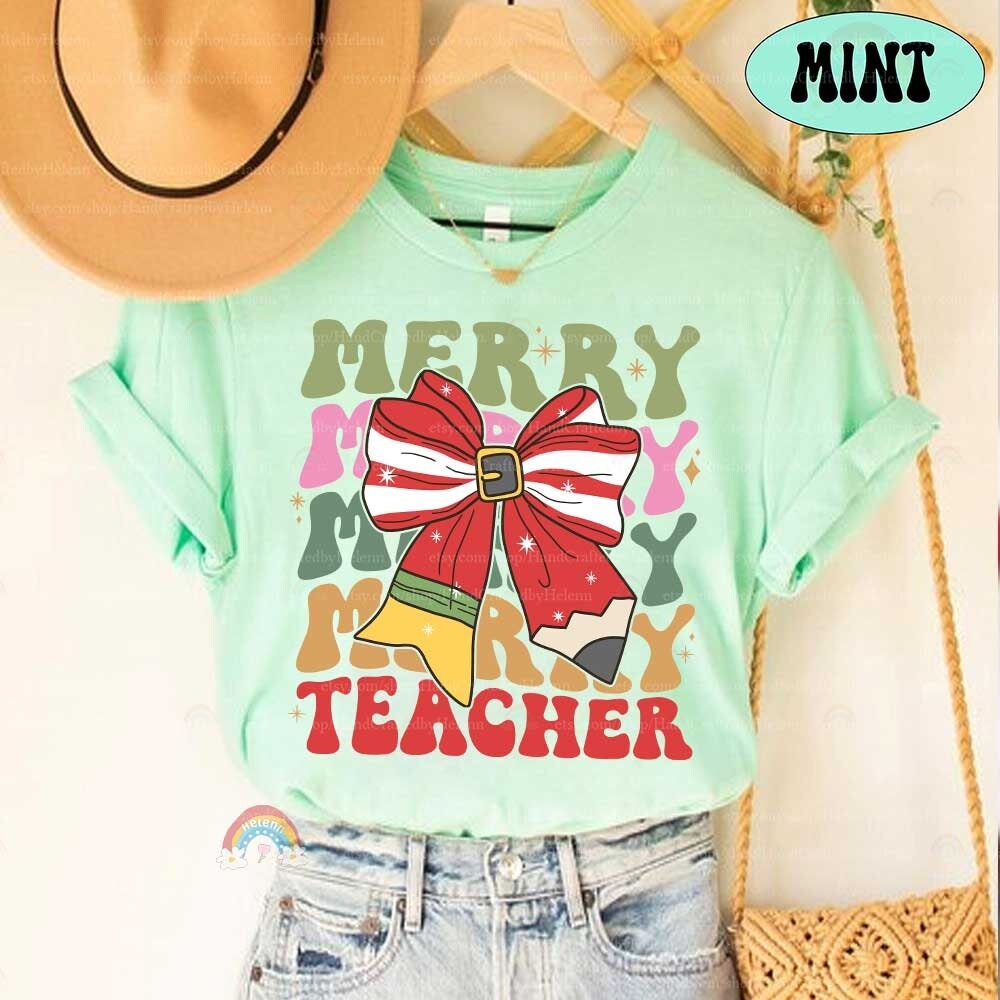 Teacher Christmas Shirt Merry Teacher, Teacher Christmas Sweatshirt, Christmas Pencil Bow Coquette, Teacher Life, Christmas Teacher Gifts