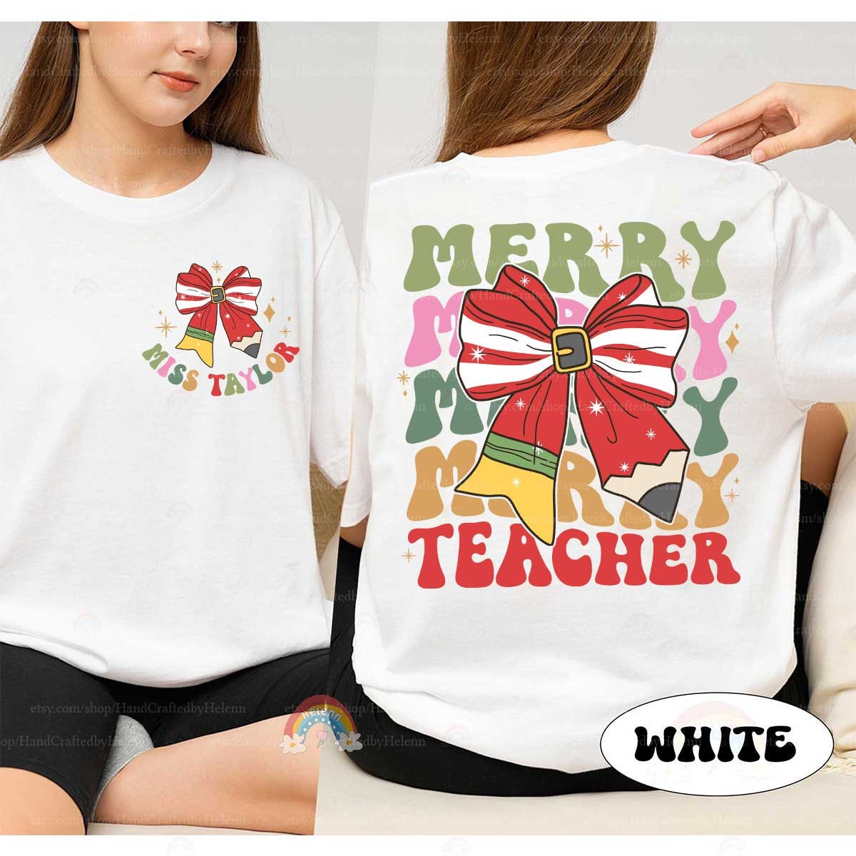 Personalized Teacher Christmas Shirt Merry Teacher Shirt, Retro Christmas Teacher Sweatshirts, Kindergarten Teacher, Teacher Christmas Gifts