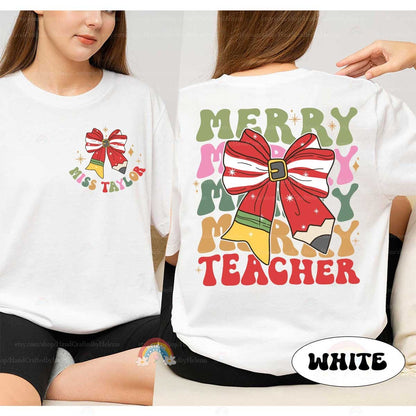 Personalized Teacher Christmas Shirt Merry Teacher Shirt, Retro Christmas Teacher Sweatshirts, Kindergarten Teacher, Teacher Christmas Gifts