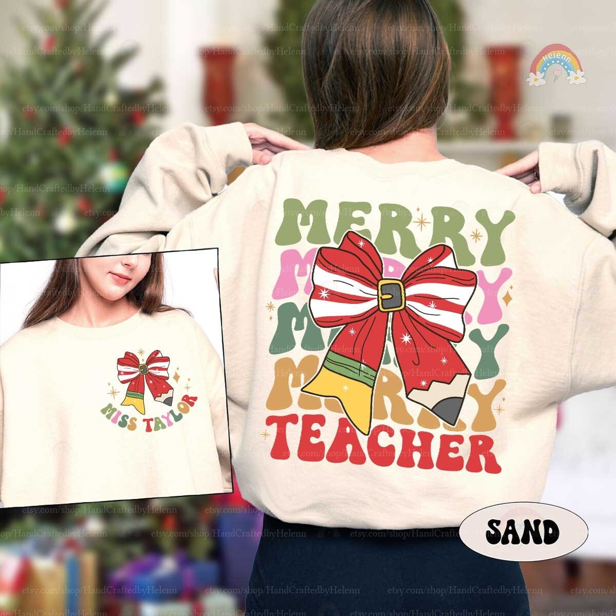 Personalized Teacher Christmas Shirt Merry Teacher Shirt, Retro Christmas Teacher Sweatshirts, Kindergarten Teacher, Teacher Christmas Gifts