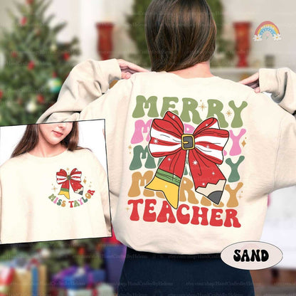 Personalized Teacher Christmas Shirt Merry Teacher Shirt, Retro Christmas Teacher Sweatshirts, Kindergarten Teacher, Teacher Christmas Gifts