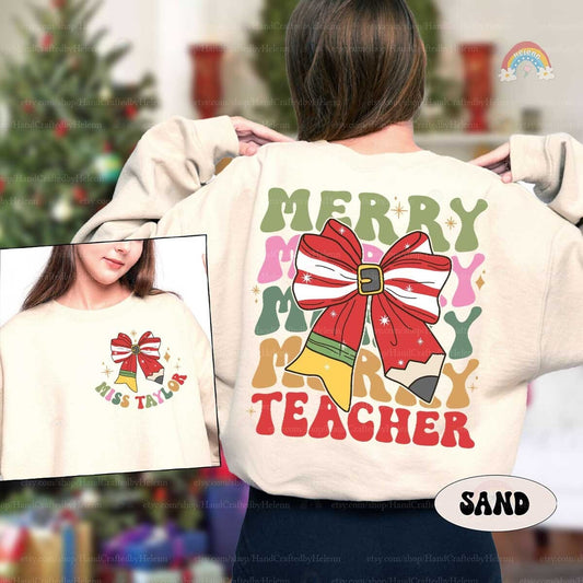Personalized Teacher Christmas Shirt Merry Teacher Shirt, Retro Christmas Teacher Sweatshirts, Kindergarten Teacher, Teacher Christmas Gifts