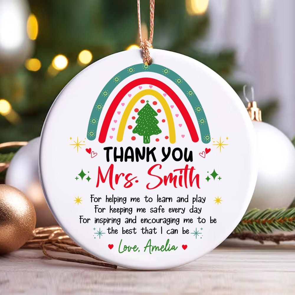 Charming holiday ornament with a festive rainbow and tree, thanking Mrs. Smith for her guidance and support. The personalized message from Love, Amelia adds a meaningful touch, making it an ideal keepsake.