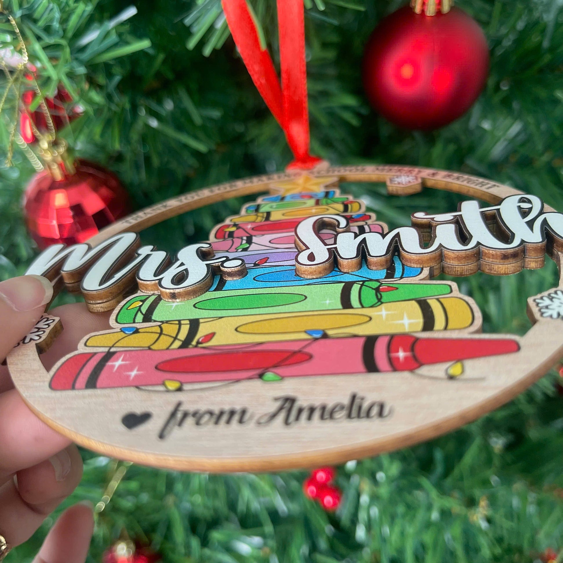 Personalized Teacher Ornament Crayon Christmas Tree, Thank You Gift, Teacher Christmas Ornament Keepsake Gift, Teacher Appreciation Gifts