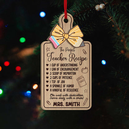 Playful recipe-themed ornament highlighting qualities that make a great teacher, like patience and humor. Personalized with Mrs. Smith’s name, perfect for a heartfelt holiday gift.