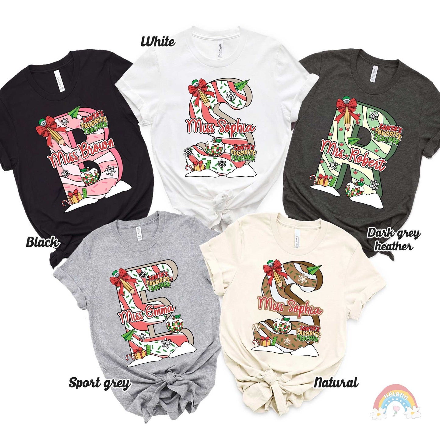 Whimsical and colorful design with a large, festive letter personalized with the teacher’s name, decorated with holiday items like stockings, ribbons, and presents. Ideal for spreading holiday cheer in the classroom.