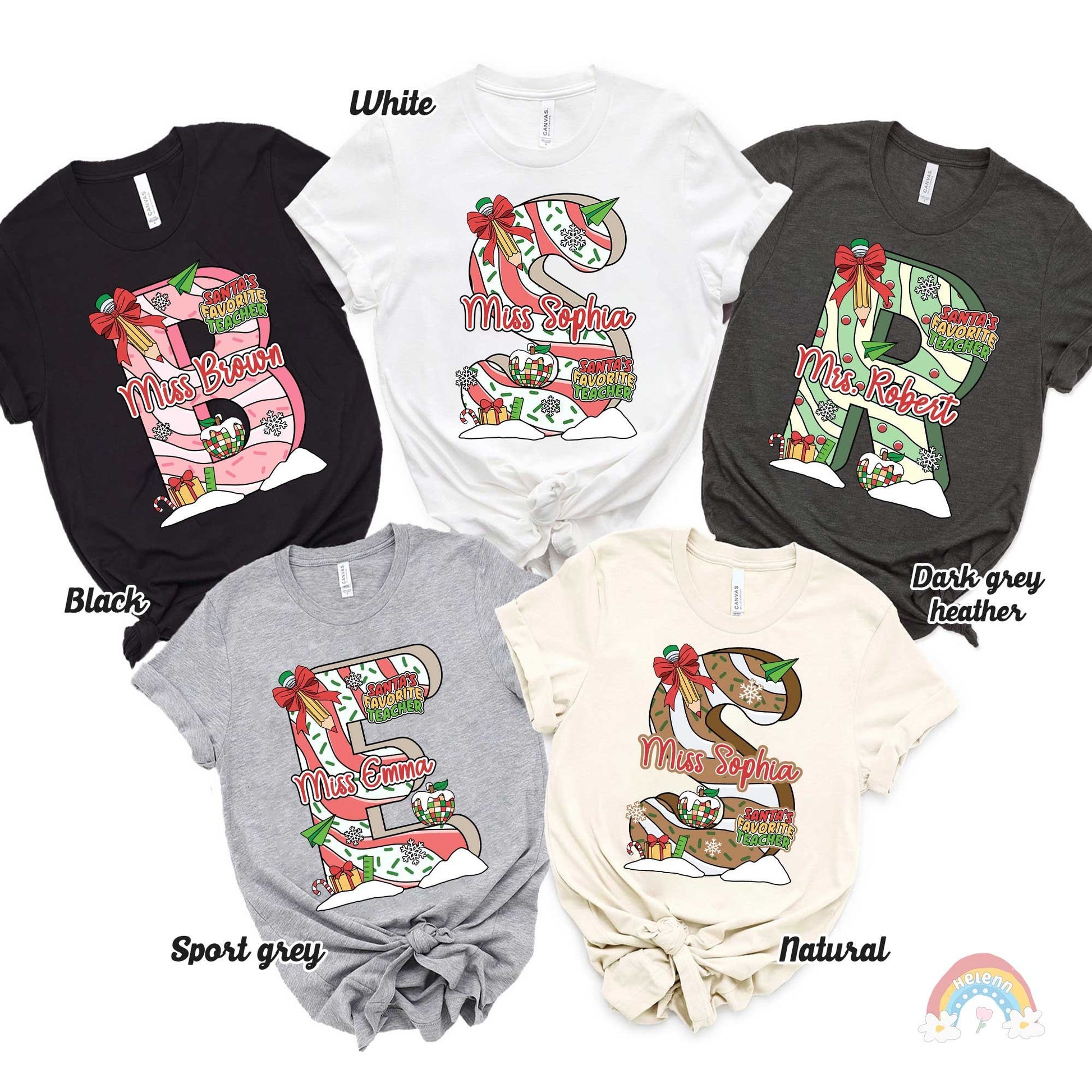 Whimsical and colorful design with a large, festive letter personalized with the teacher’s name, decorated with holiday items like stockings, ribbons, and presents. Ideal for spreading holiday cheer in the classroom.