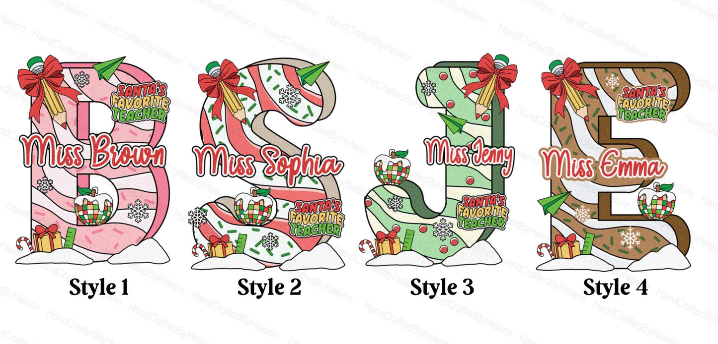 Cheerful holiday design showcasing a bold, personalized letter adorned with festive elements like candy canes, snowflakes, and Christmas lights. The personalized name, like Miss Sophia or Miss Emma, adds a thoughtful touch perfect for holiday season.