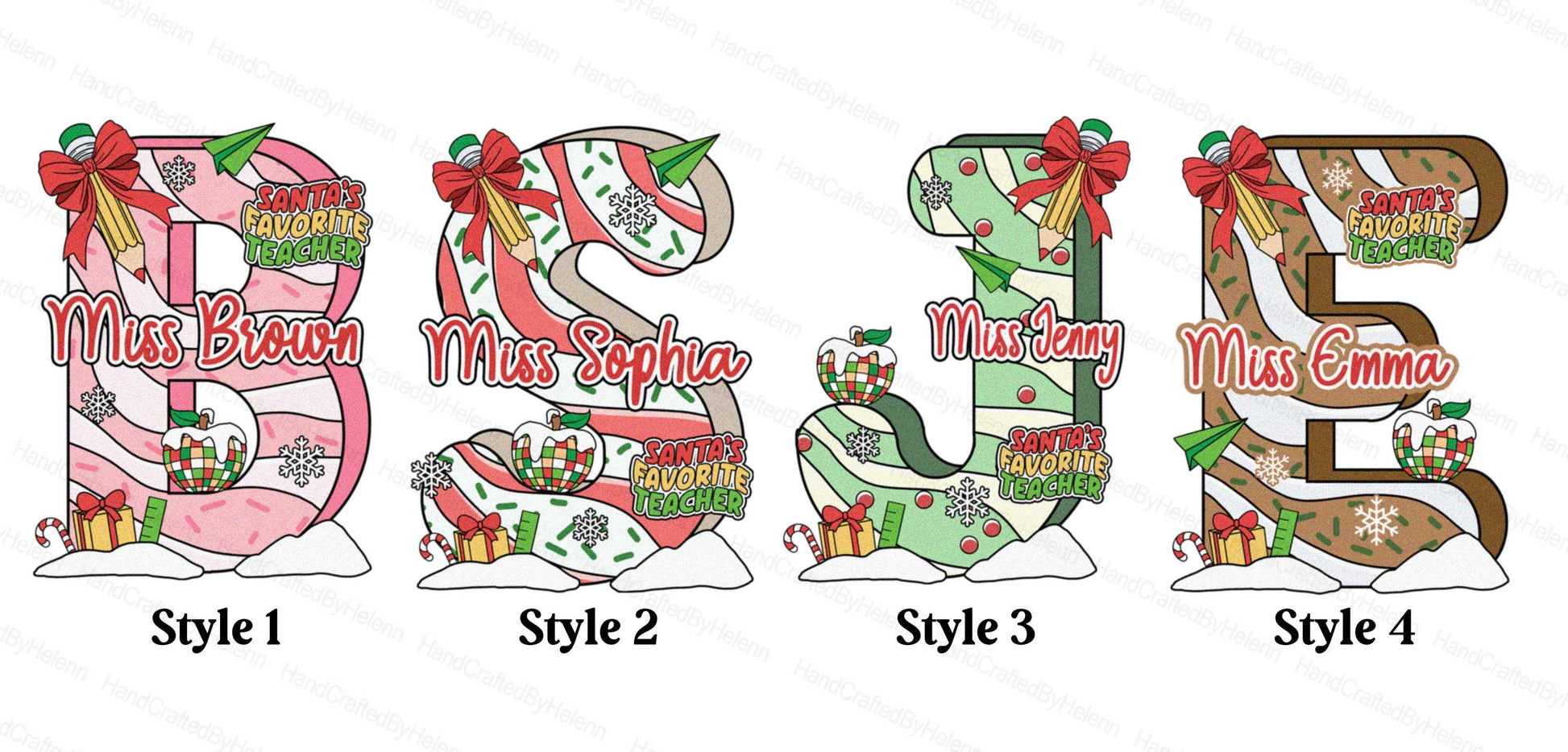 Cheerful holiday design showcasing a bold, personalized letter adorned with festive elements like candy canes, snowflakes, and Christmas lights. The personalized name, like Miss Sophia or Miss Emma, adds a thoughtful touch perfect for holiday season.