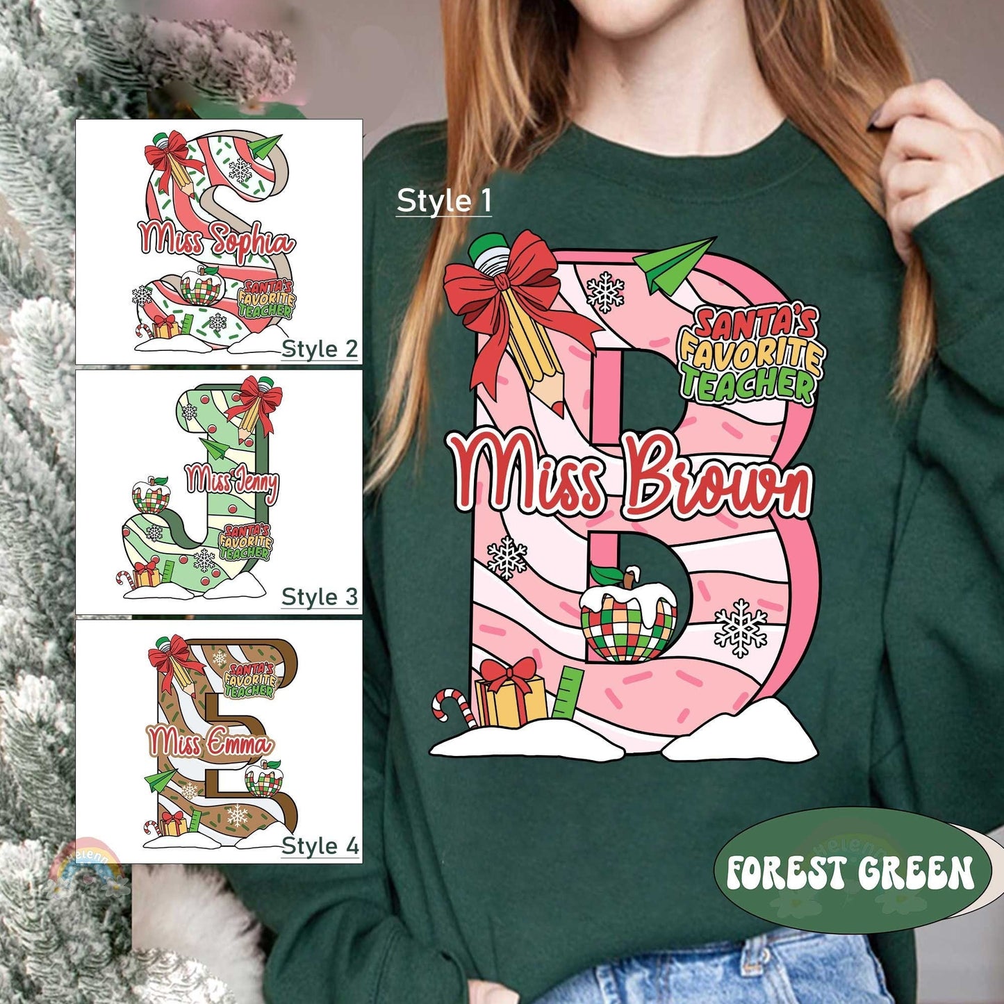 Playful and bright T-shirt design featuring a customized letter filled with Christmas decorations, from bells to wrapped gifts. The addition of the teacher&#39;s name, like Miss Brown, creates a fun and personalized holiday look.