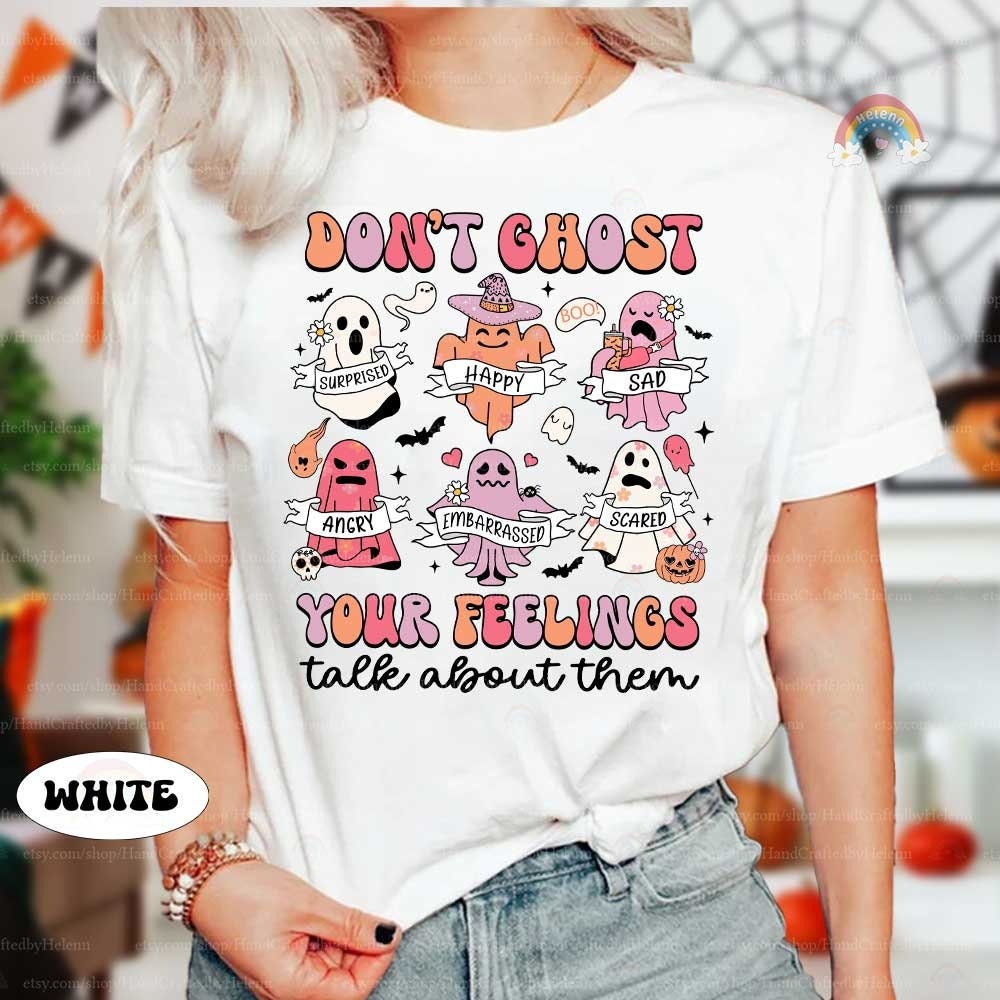 Playful ghosts show different emotions with the message Don’t Ghost Your Feelings, Talk About Them, encouraging open emotional discussions.