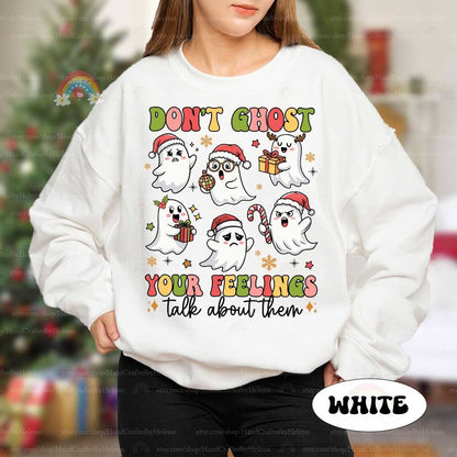Whimsical design with festive ghosts showing various emotions, paired with the message Don’t Ghost Your Feelings. Perfect for spreading a positive message with a holiday twist.