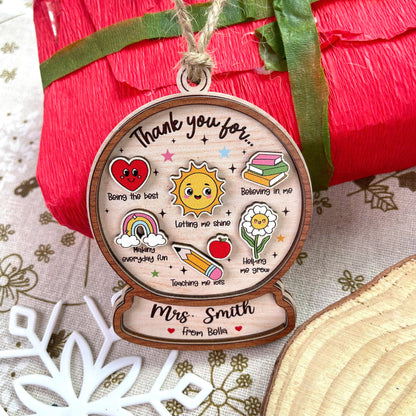Bright and fun teacher ornament with colorful illustrations and a personalized thank-you message for Mrs. Smith from Bella. Each icon represents a reason for gratitude, making it a special holiday gift.