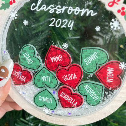 Playful classroom ornament for Mrs. Wilson, showing student names in heart shapes with a snowy touch. A memorable keepsake for the 2024 holiday season.