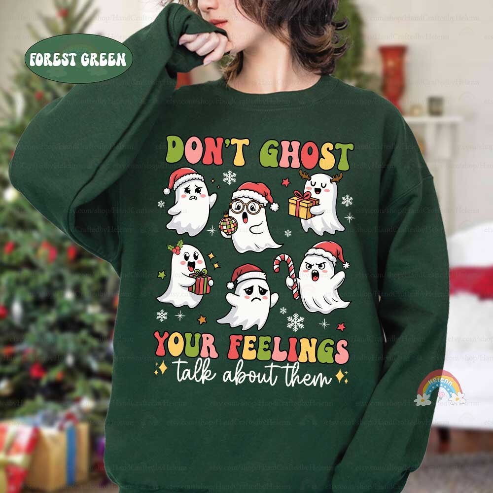 Whimsical design with festive ghosts showing various emotions, paired with the message Don’t Ghost Your Feelings. Perfect for spreading a positive message with a holiday twist.