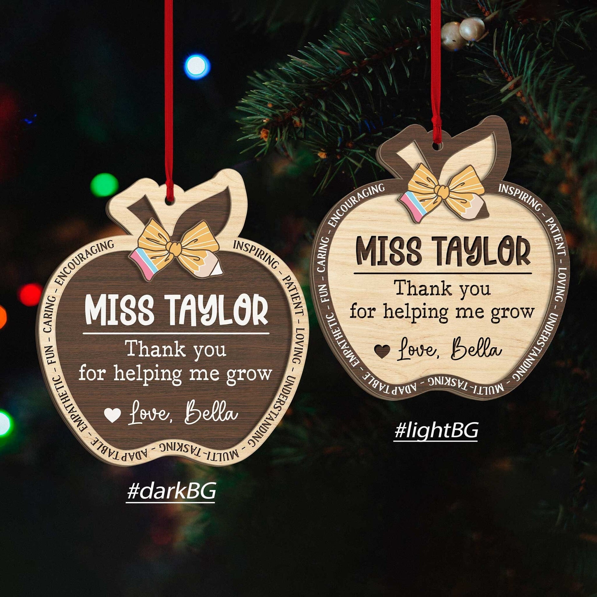 Beautifully crafted wooden ornaments shaped like apples, personalized with a teacher&#39;s name and a thank-you message from a student. Perfect for showing appreciation with a personal touch during the holidays.