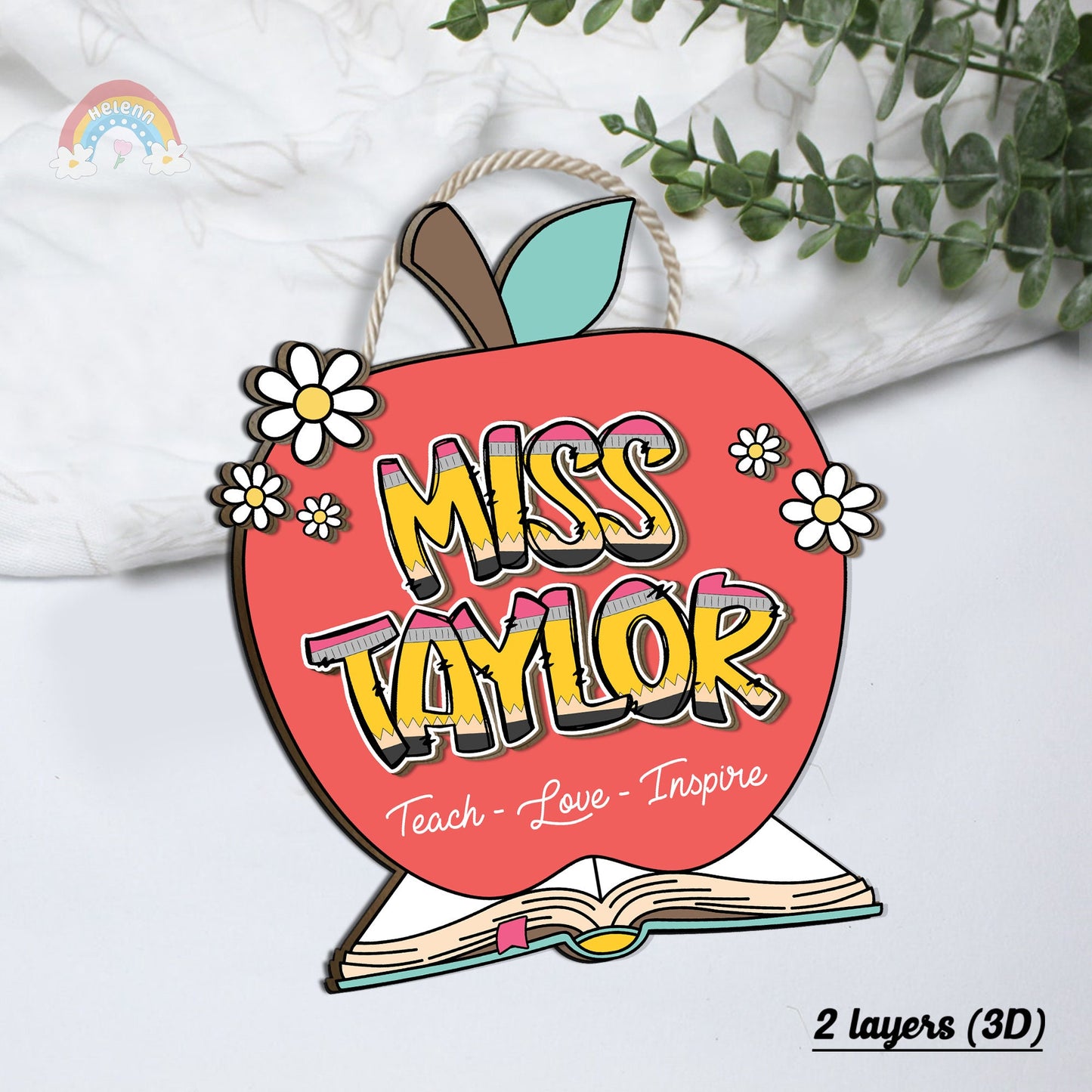 Personalized 3D Teacher Door Hanger Apple Name Sign, Teacher Christmas Gift, Teacher Welcome Sign Office Door, Teacher Appreciation Gifts