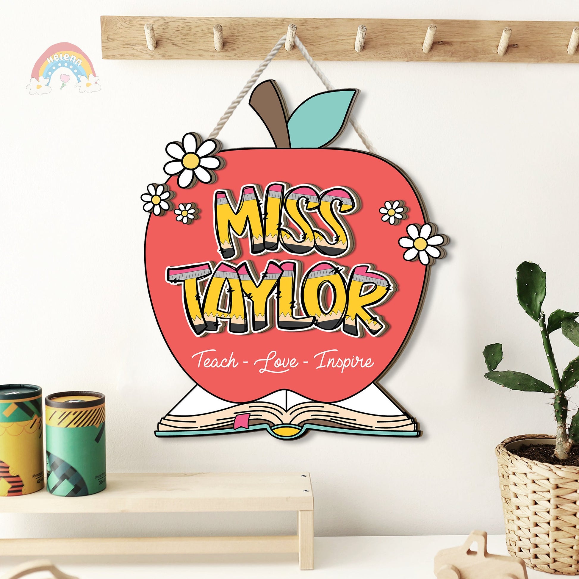 Personalized 3D Teacher Door Hanger Apple Name Sign, Teacher Christmas Gift, Teacher Welcome Sign Office Door, Teacher Appreciation Gifts