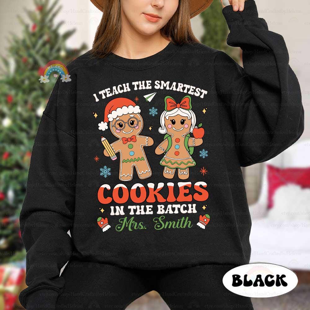 Bright and fun holiday shirt showcasing gingerbread cookies and a clever message, personalized with Mrs. Smith’s name. Ideal for festive classroom celebrations.
