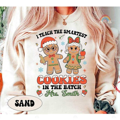 Whimsical design with festive gingerbread cookies and a joyful message, personalized for Mrs. Smith. Perfect for teachers spreading holiday cheer.