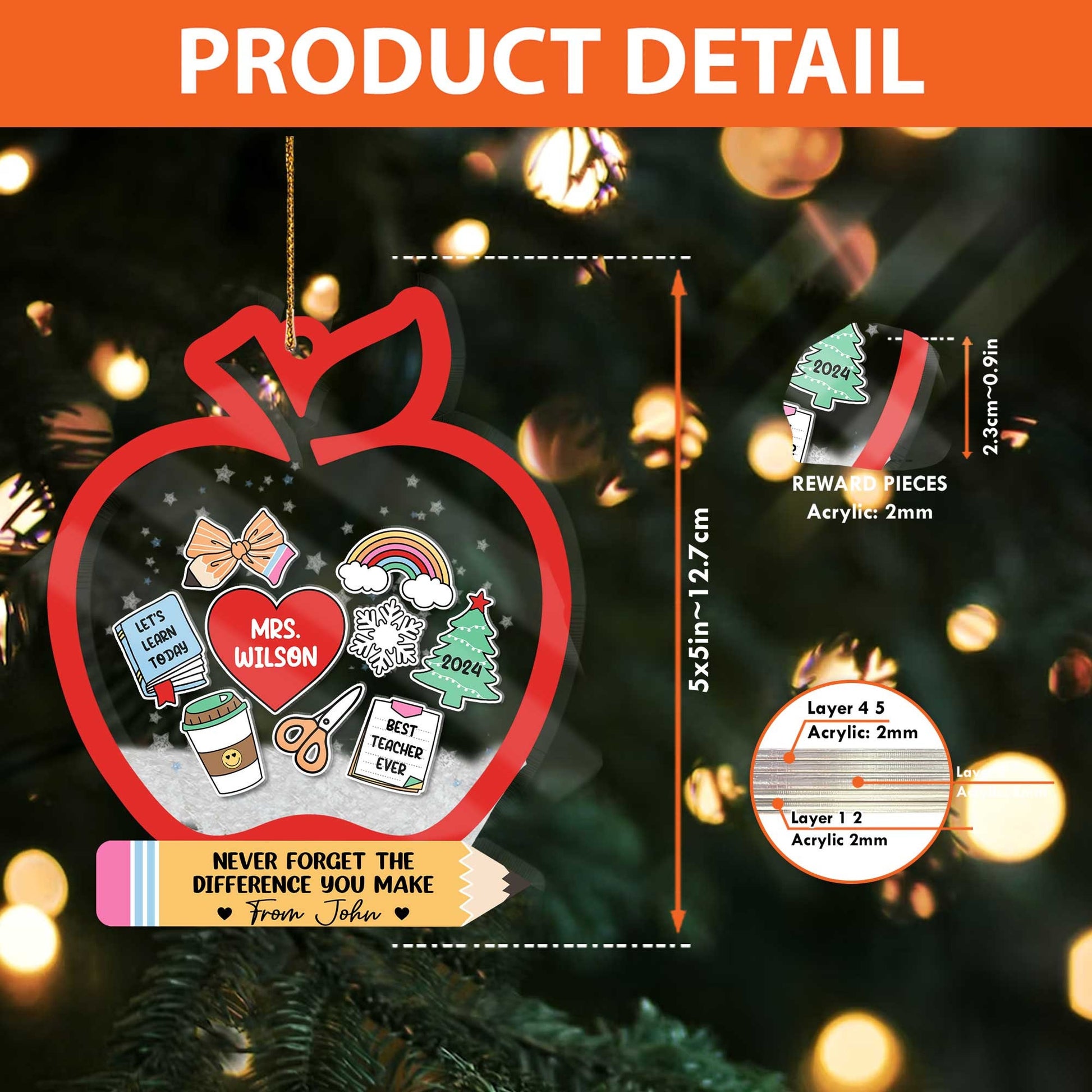 Charming shakeable ornament designed like an apple, personalized with Mrs. Wilson’s name and featuring school-themed icons like a book, scissors, and a rainbow. The message Never Forget the Difference You Make makes it a thoughtful