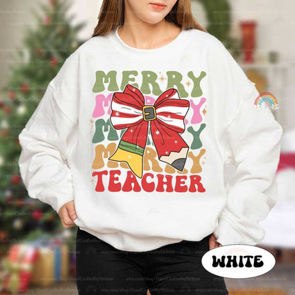 Teacher Christmas Shirt Merry Teacher, Teacher Christmas Sweatshirt, Christmas Pencil Bow Coquette, Teacher Life, Christmas Teacher Gifts