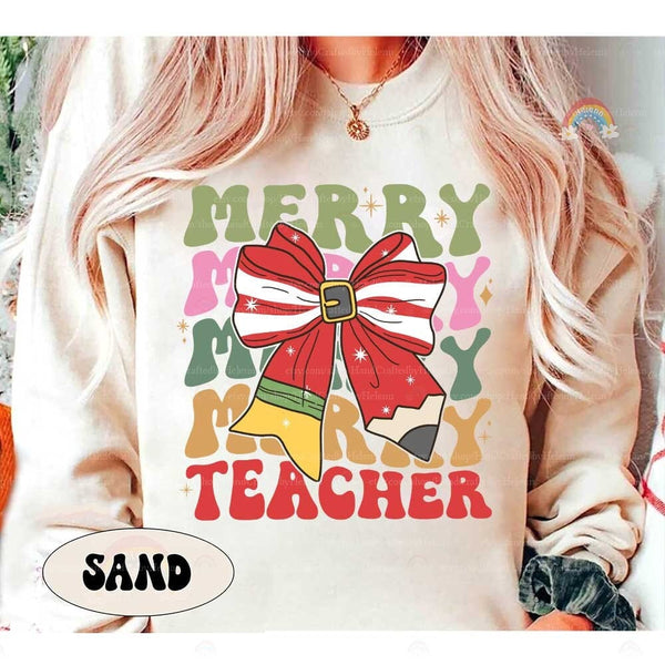Teacher Christmas Shirt Merry Teacher, Teacher Christmas Sweatshirt, Christmas Pencil Bow Coquette, Teacher Life, Christmas Teacher Gifts