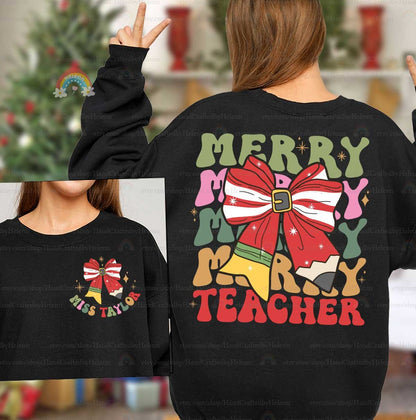 Personalized Teacher Christmas Shirt Merry Teacher Shirt, Retro Christmas Teacher Sweatshirts, Kindergarten Teacher, Teacher Christmas Gifts