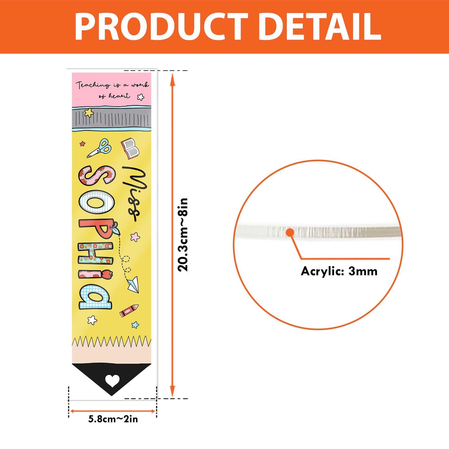 Acrylic bookmark in the shape of a pencil, personalized for Miss Sophia, a cute and practical accessory for books and planners.