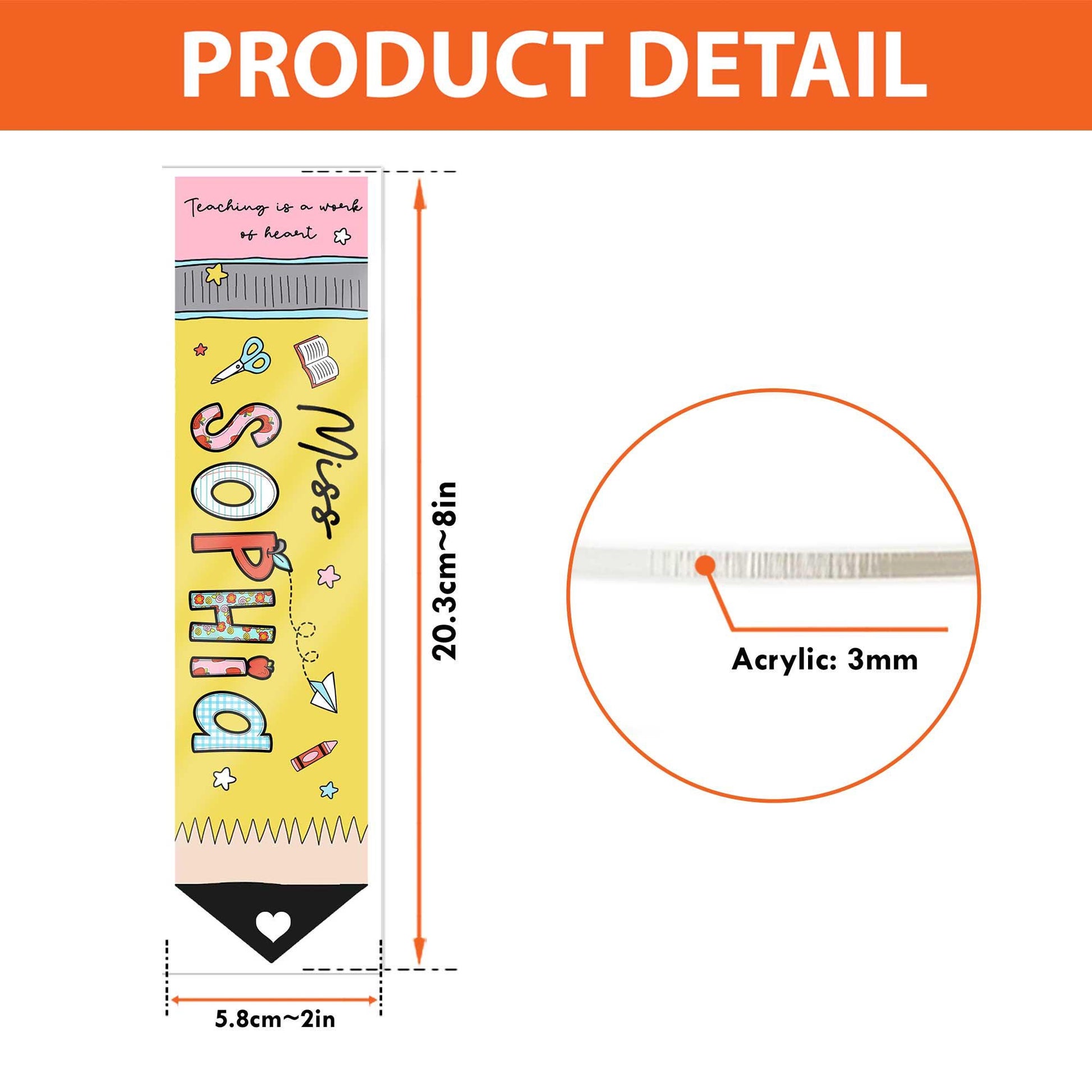 Acrylic bookmark in the shape of a pencil, personalized for Miss Sophia, a cute and practical accessory for books and planners.