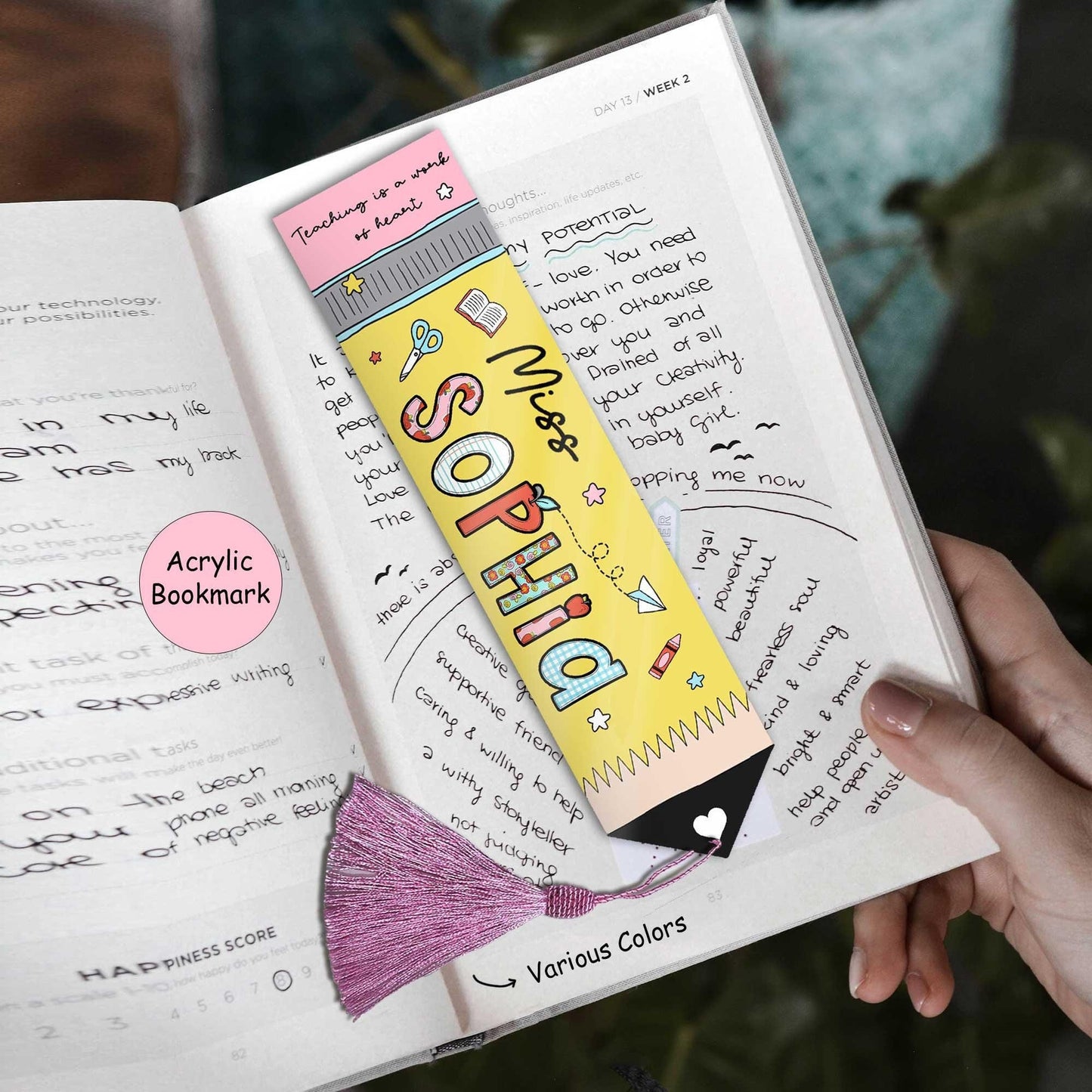 Bright and fun acrylic bookmark designed as a pencil, personalized with the name Miss Sophia, perfect for marking pages in style.