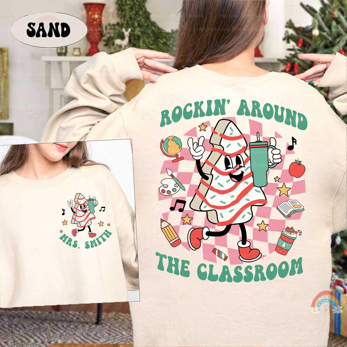 Playful holiday design with a groovy Christmas tree and school-themed icons, ideal for teachers celebrating the season with students.