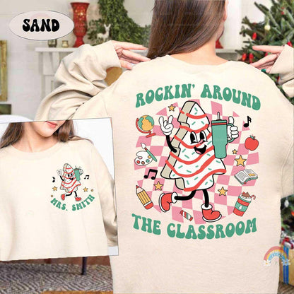 Playful holiday design with a groovy Christmas tree and school-themed icons, ideal for teachers celebrating the season with students.