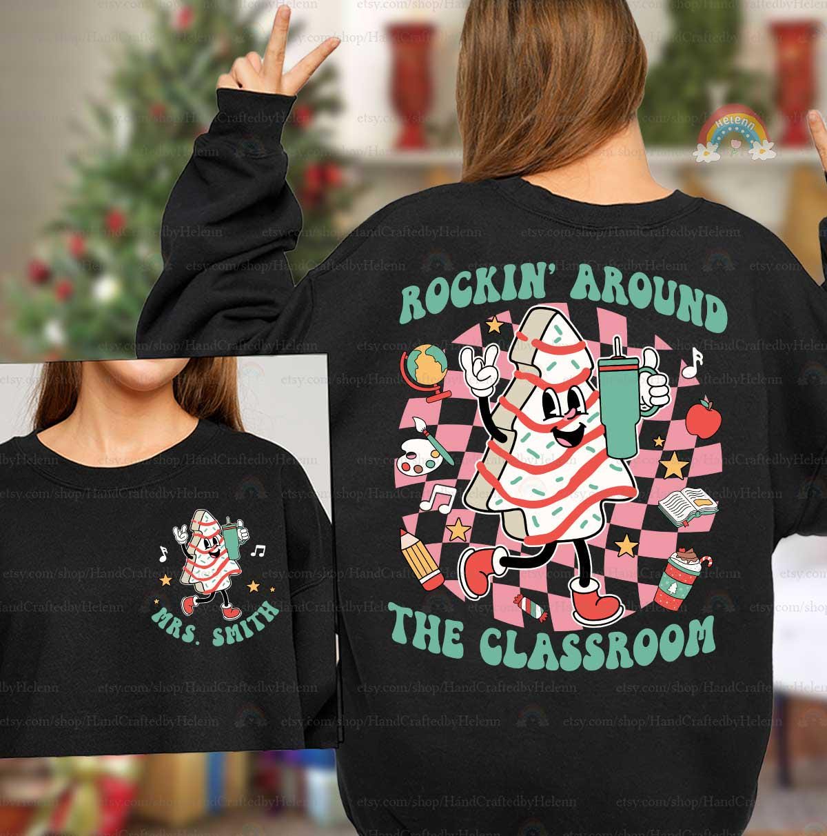 Whimsical Christmas classroom shirt with a dancing tree character, bringing a lighthearted holiday vibe to any school day.