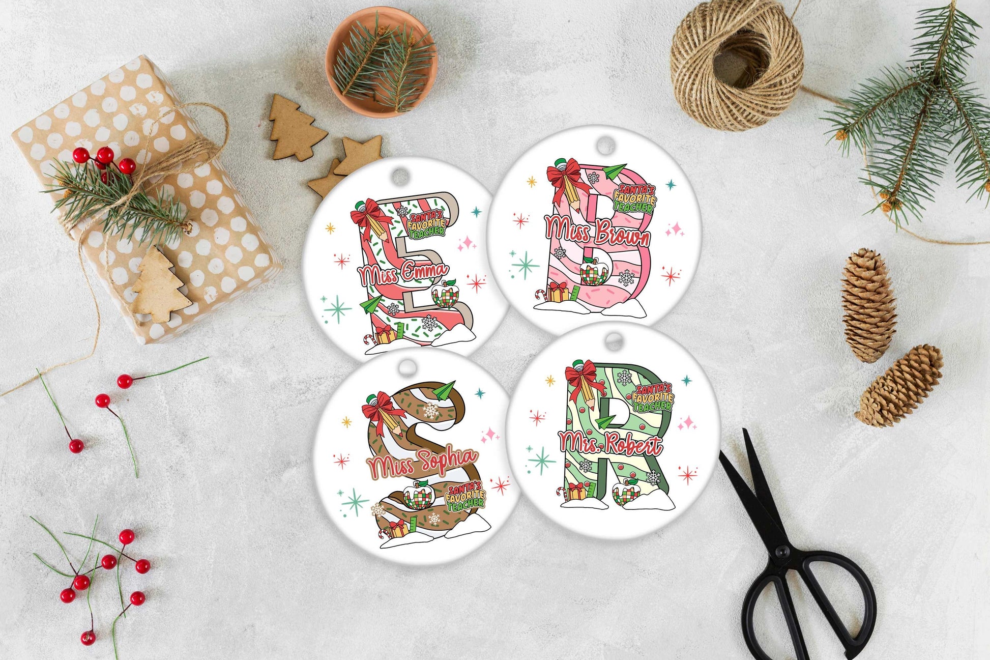 Whimsical teacher ornament featuring a large initial filled with festive decorations, personalized with the teacher’s name. The playful Santa’s Favorite Teacher phrase adds a joyful holiday touch.