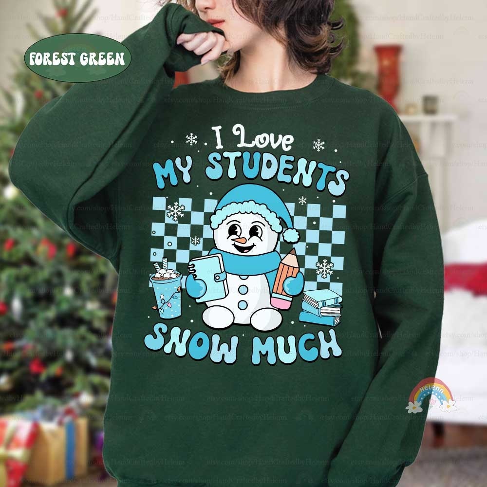 Cheerful and playful design featuring an adorable snowman holding a pencil and book, paired with the fun phrase I Love My Students Snow Much. Perfect for teachers to spread holiday cheer in the classroom.