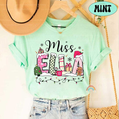 Personalized Christmas Teacher Shirt, Teacher Christmas Sweatshirt, Teacher Xmas Pattern Name, Retro Teacher Shirt, Teacher Christmas Gifts