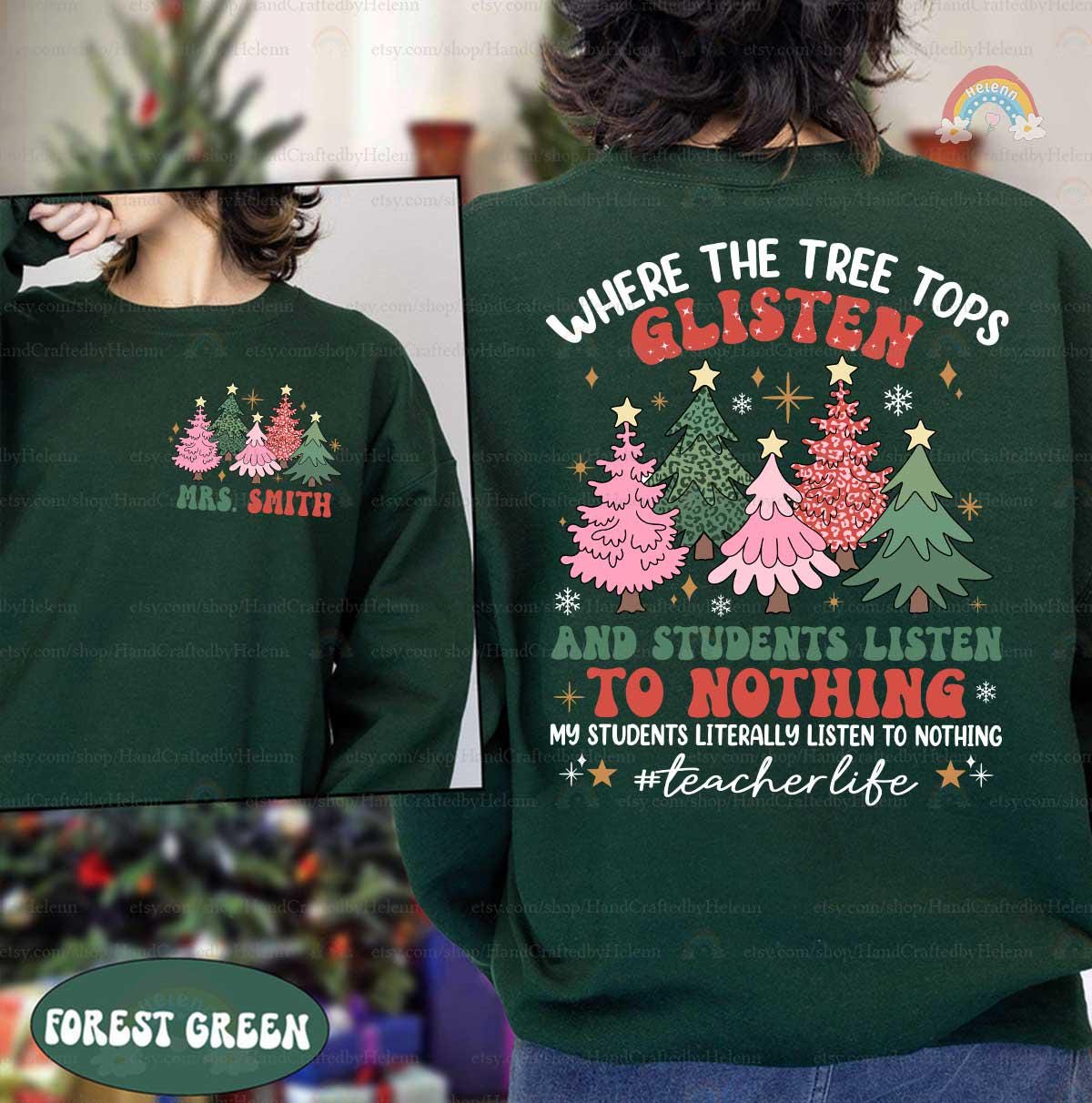 Glittering trees paired with a teacher’s honest truth—perfect for a classroom Christmas vibe.