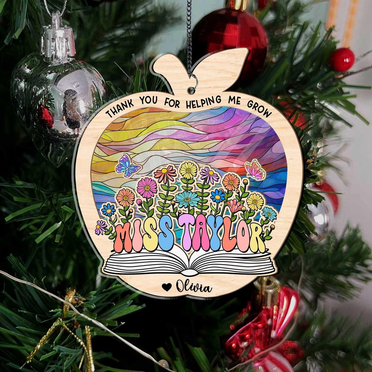 Custom Teacher Suncatcher Ornament, Teacher Christmas Gift, Thank You Teacher Gift, Teacher Appreciation Gift, Thank You For Helping Me Grow