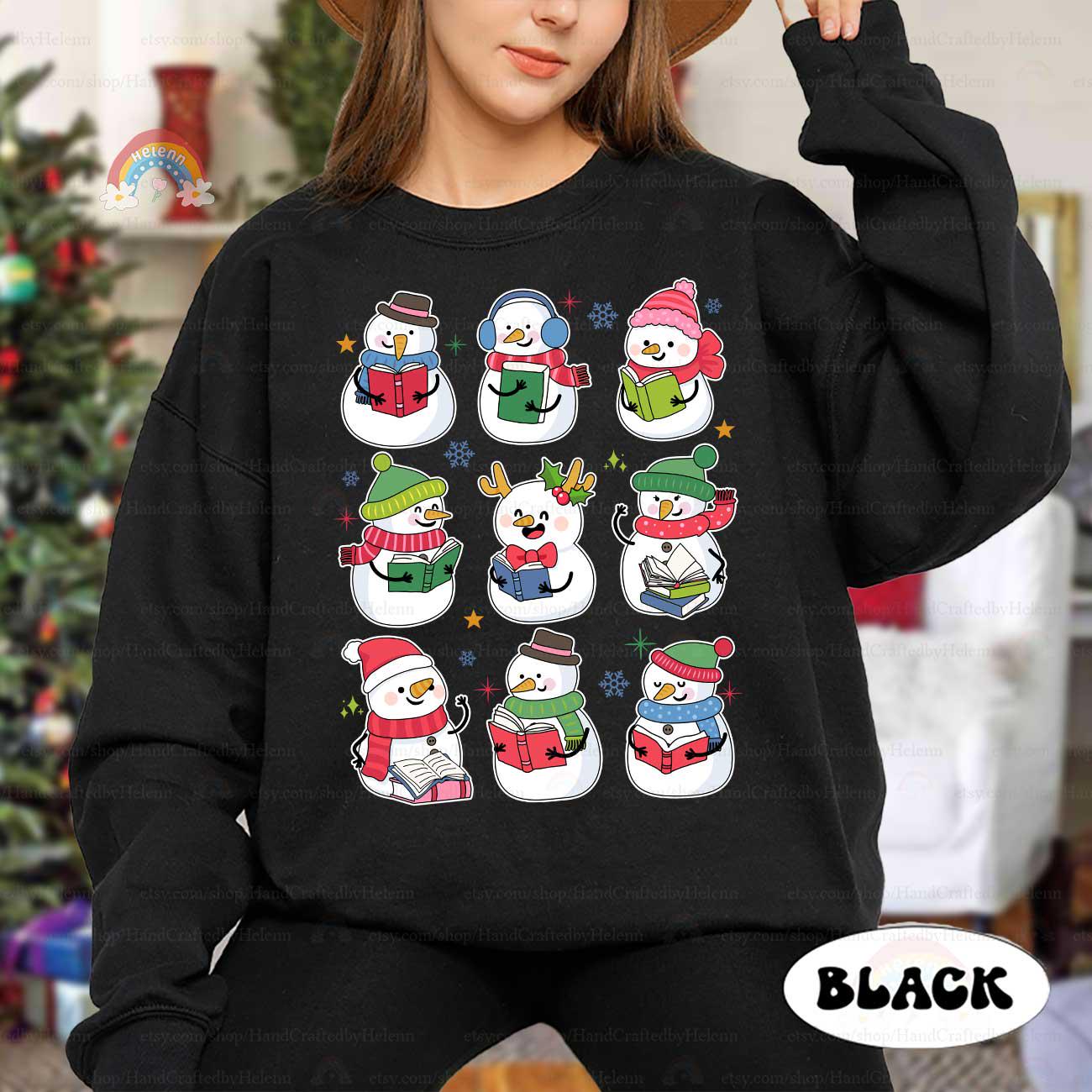 Delightful snowmen reading in scarves and hats, capturing the magic of winter and the warmth of a good book.