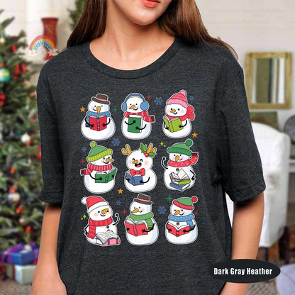 Whimsical snowman design showcasing the love of reading during the holiday season, perfect for festive gatherings or classroom fun.