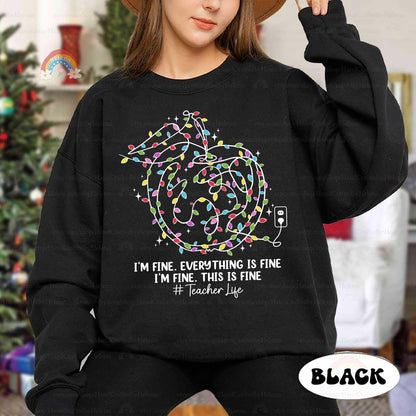 Fun and quirky, this design brings laughter with its colorful lights and #TeacherLife spirit, ideal for holiday wear.