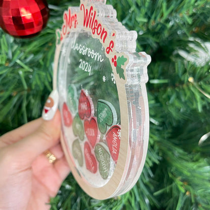 Whimsical ornament personalized with Mrs. Wilson’s classroom and student names, featuring a shakeable snow design. A joyful addition to holiday decor.