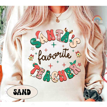 Teacher Christmas Shirt, Santa's Favorite Teacher Shirt, Christmas Teacher Sweatshirt, Christmas Teacher Gift, Kindergarten Teacher Santa