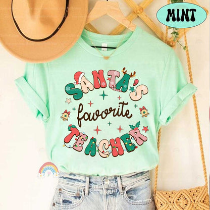 Teacher Christmas Shirt, Santa's Favorite Teacher Shirt, Christmas Teacher Sweatshirt, Christmas Teacher Gift, Kindergarten Teacher Santa