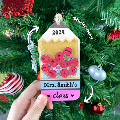 This adorable pencil-shaped ornament celebrates Mrs. Smith&#39;s class, with each student&#39;s name on a festive apple charm.