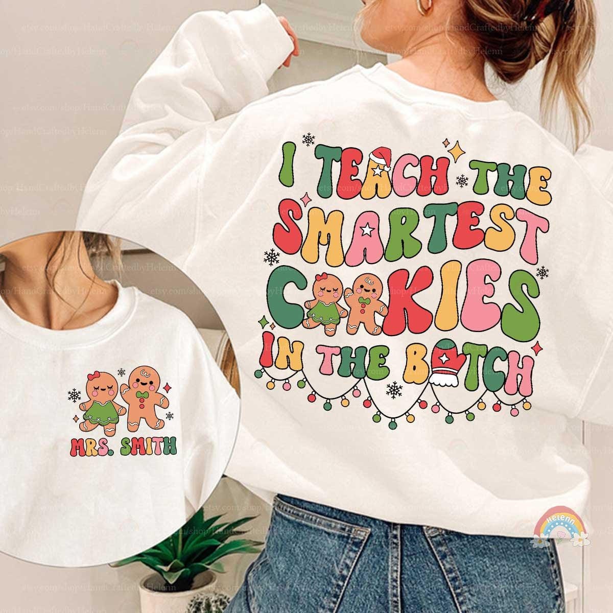 Charming shirt featuring gingerbread cookies and holiday lights, personalized with Mrs. Smith’s name. Ideal for celebrating the holiday spirit in the classroom.