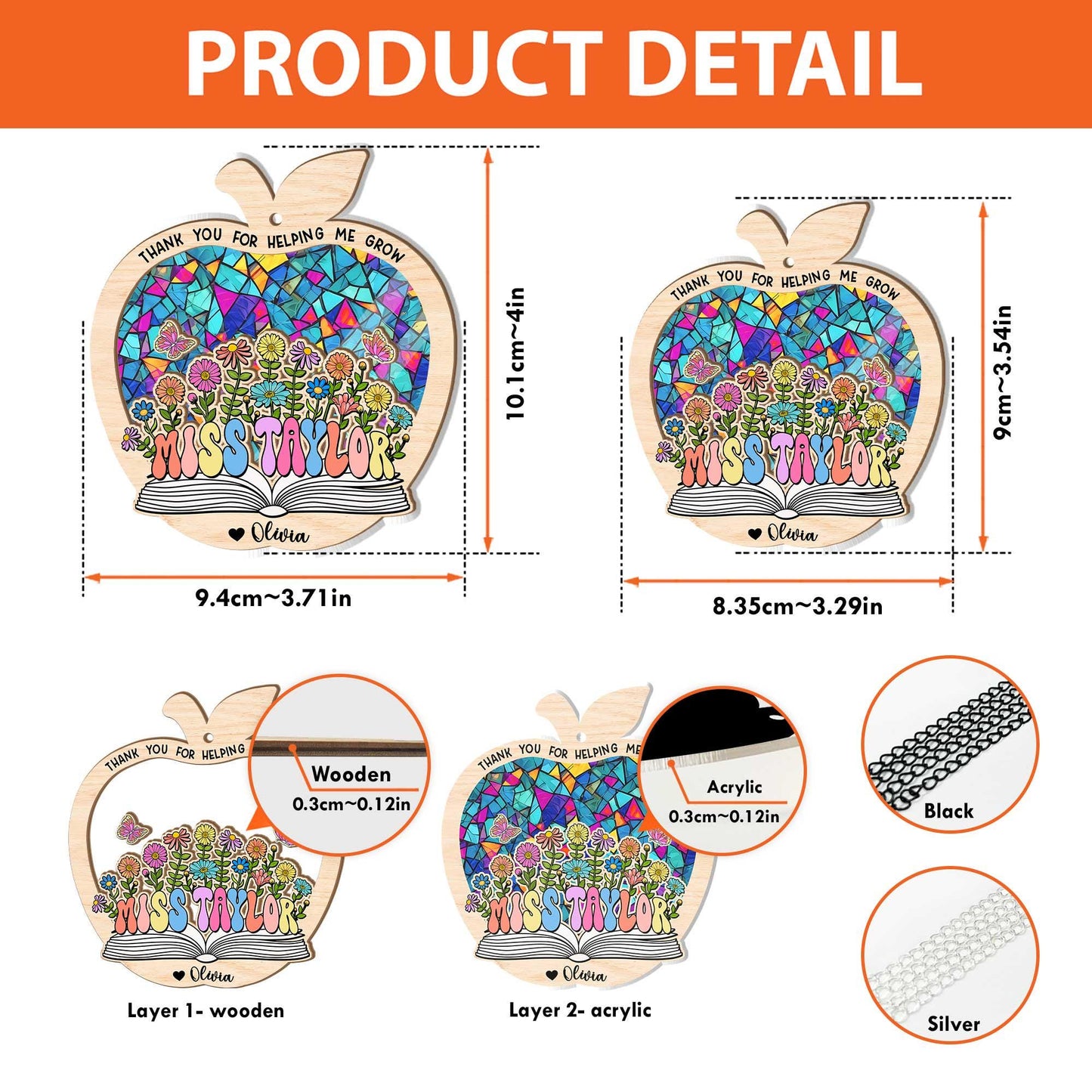 Custom Teacher Suncatcher Ornament Thank You For Helping Me Grow, Thank You Teacher Gift, Custom Stained Glass, Teacher Appreciation Gift